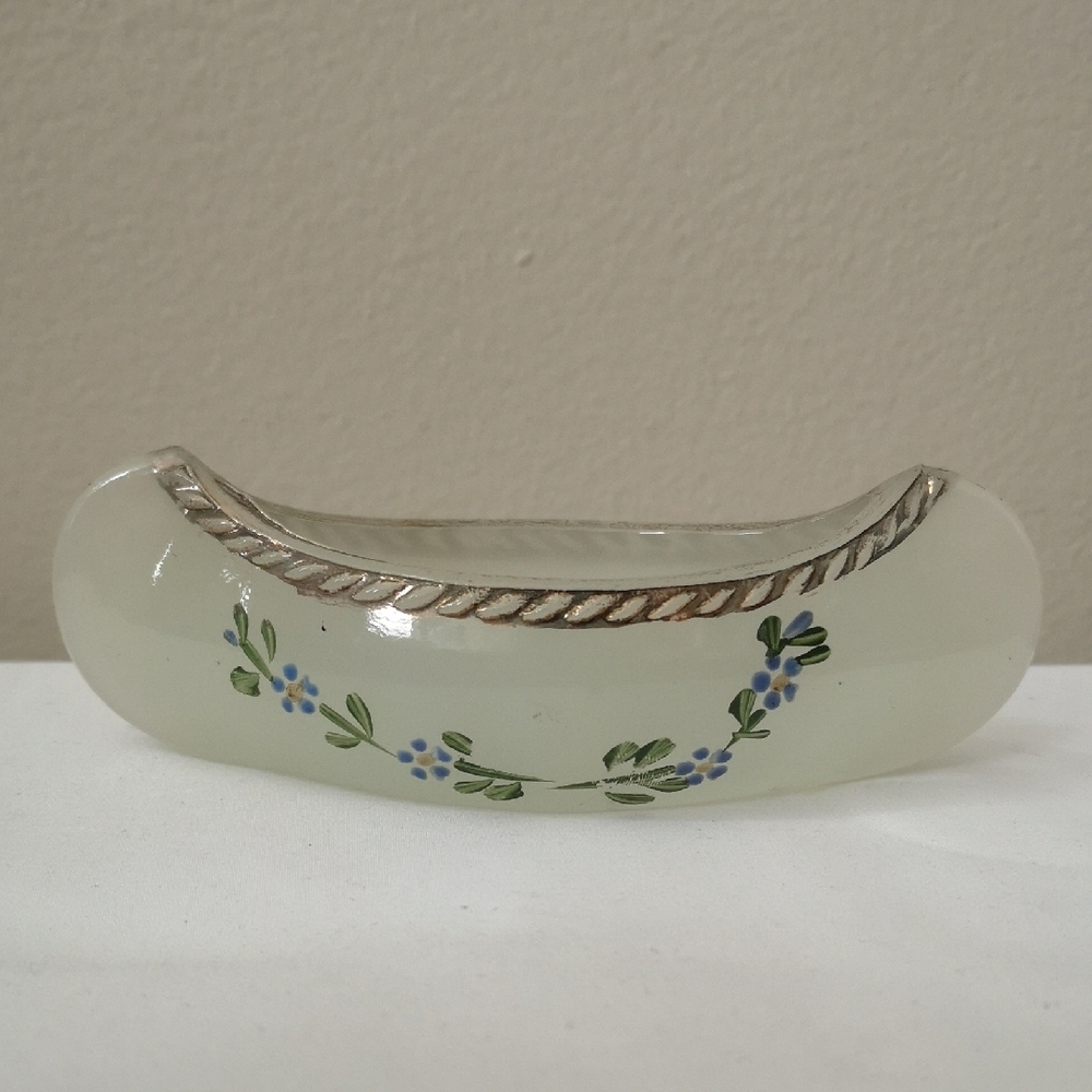 Vintage Possibly Fenton (?) Opalescent White Glass Canoe w/ Hand-painted Florals